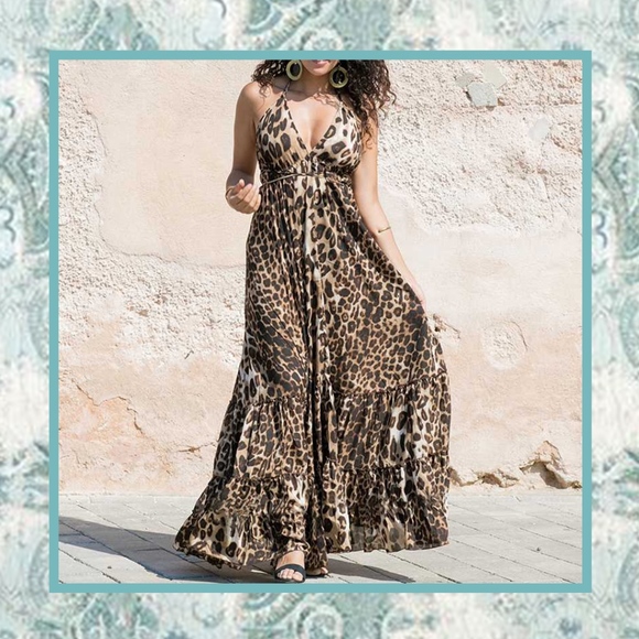 🌸LEOPARD DRESS ANIMAL PRINT MAXI LONG RUFFLE BOHO - Picture 5 of 8